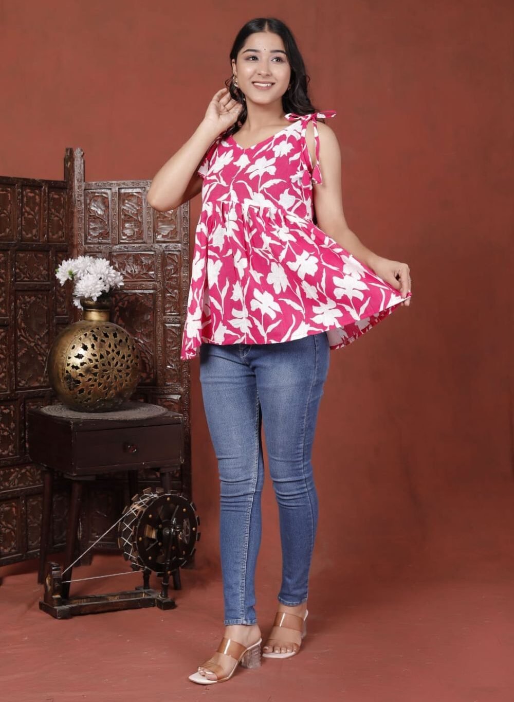 Home white and pink sleeveless peplum top